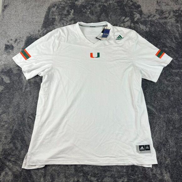 Adidas Miami Hurricanes NCAA Jersey White V-Neck Short Sleeve Men's 2XL NWT - Picture 1 of 11